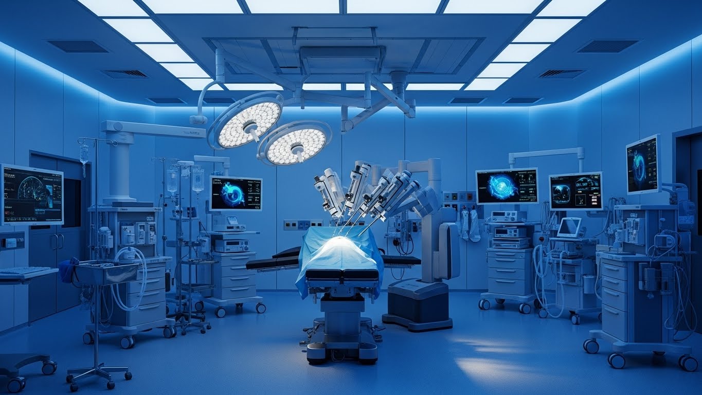 정밀한 수술을 위해 로봇 제어 시스템을 갖춘 현대적인 인공관절 수술실 환경