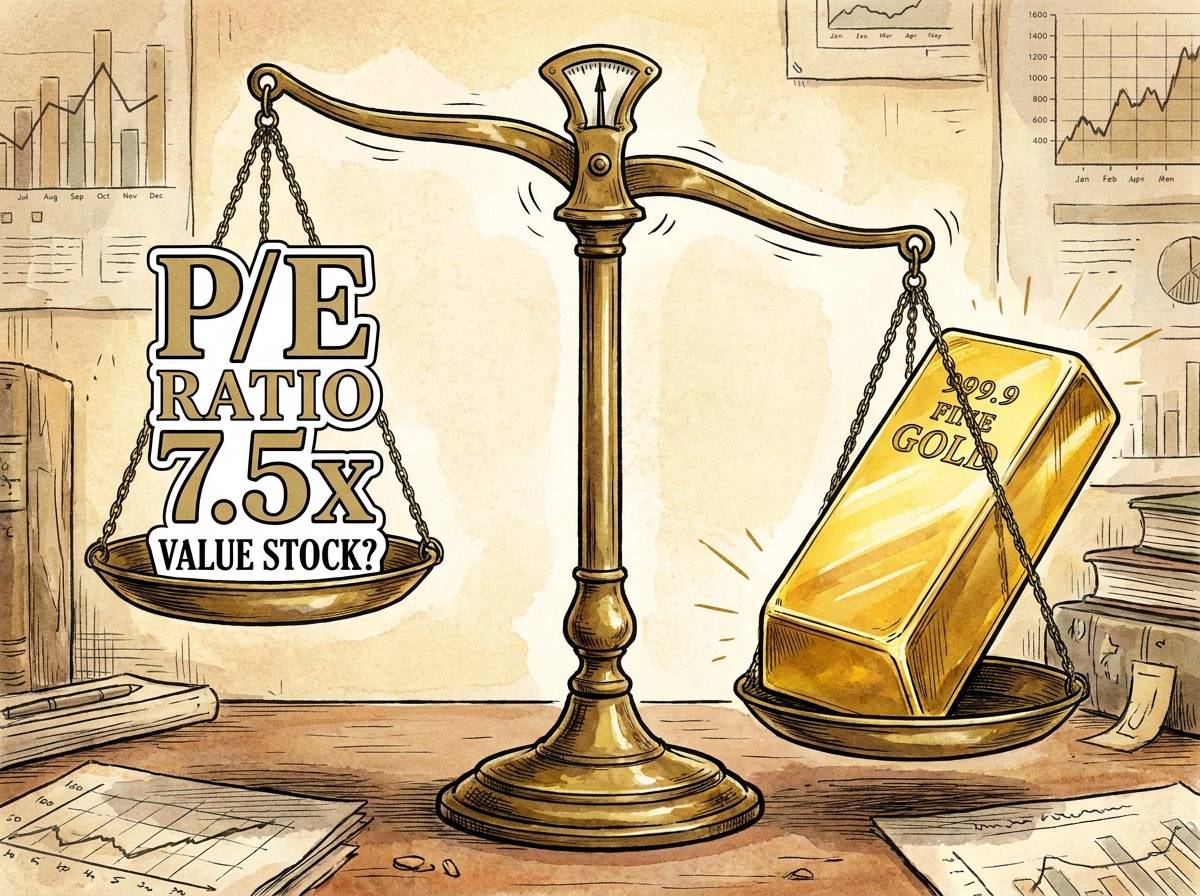 저울 한쪽에 PER 7.5배 수치가 있고 다른 한쪽에는 거대한 금괴가 놓여 저울이 균형을 맞추려는 모습의 일러스트