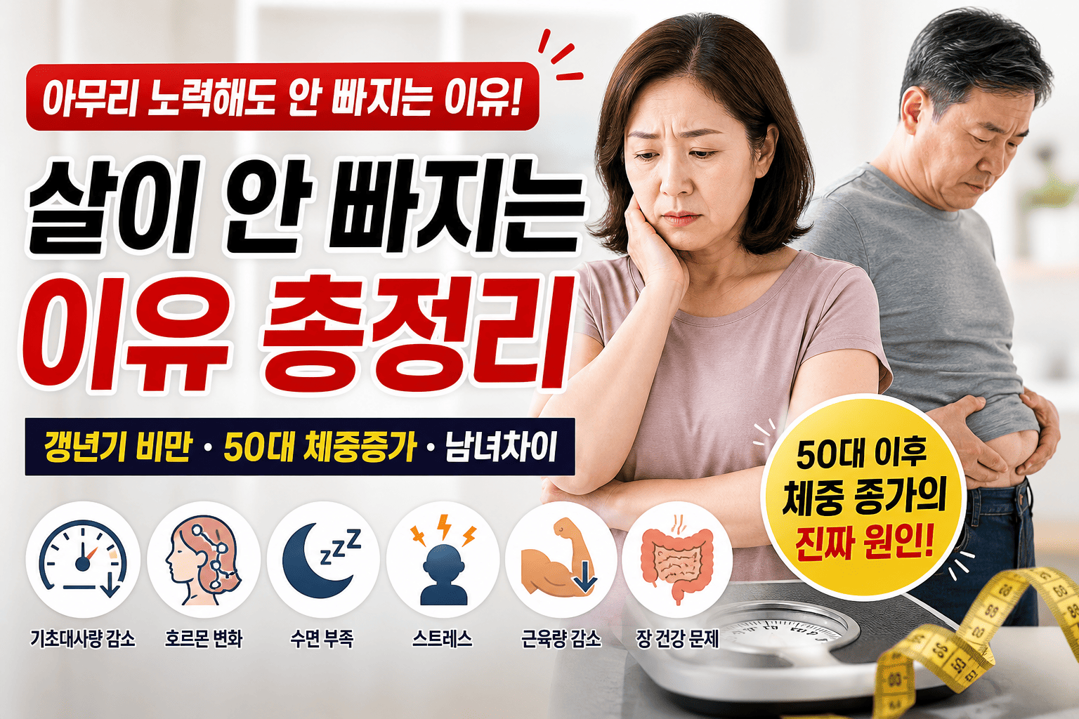 살이 안 빠지는 이유 총정리 (갱년기 비만, 50대 체중증가, 남녀차이)