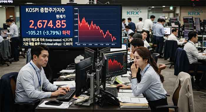 하락하는 주가 그래프와 걱정스러운 표정의 증권가 직원들.