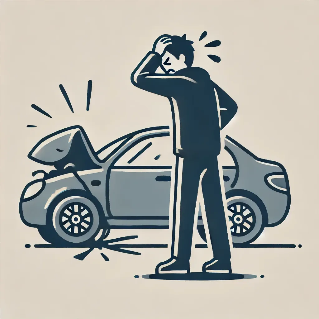 사고 난 차 앞에서 머리를 잡고 골치 아파하는 모습