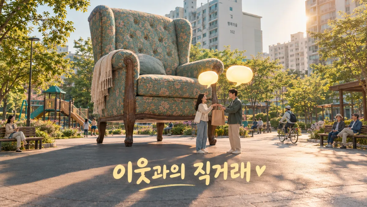 아파트 공원의 거대한 안락의자 아래에서 두 이웃이 종이 쇼핑백을 주고받으며 웃는 장면