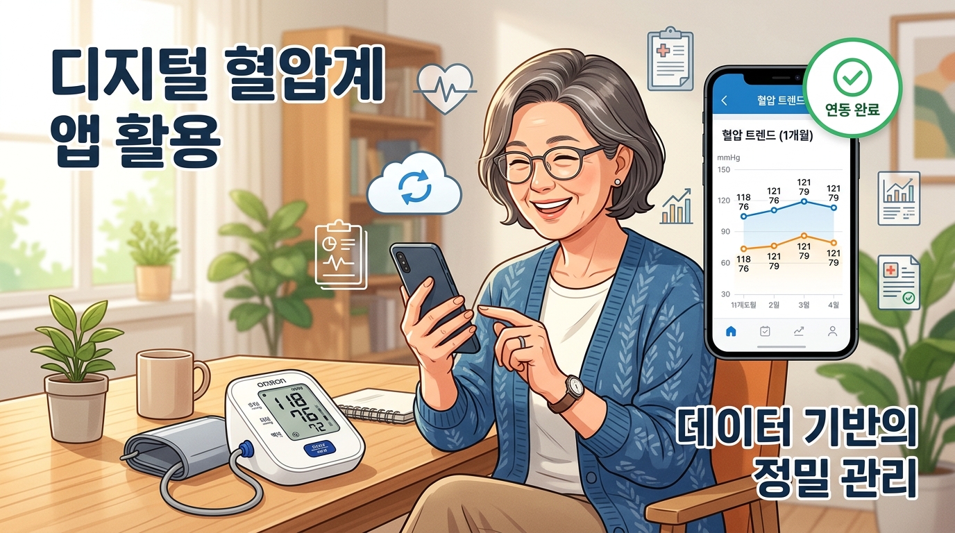 스마트폰 앱과 디지털 혈압계를 연결하여 혈압 그래프를 확인하는 건강한 모습. '디지털 혈압계 앱 활용', '데이터 기반의 정밀 관리'라는 문구가 있어 기술을 활용한 스마트한 혈압 관리의 중요성을 시각화함.
