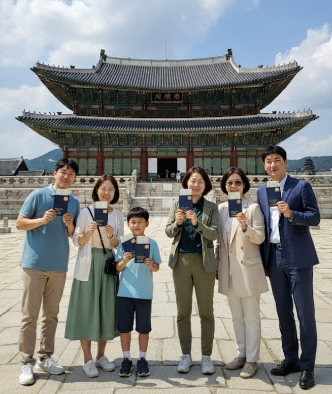 문화유산 앞에서 여권을 펼쳐 보이는 장면