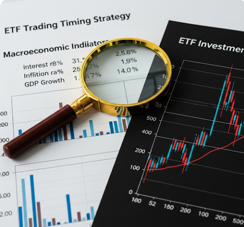 거시 경제 지표 차트(금리, 인플레이션, GDP)와 함께 돋보기가 놓여 있고, 그 옆에 ETF 투자 그래프가 보이는 모습. 경제 지표 분석을 통한 스마트한 ETF 매매 타이밍 전략을 상징
