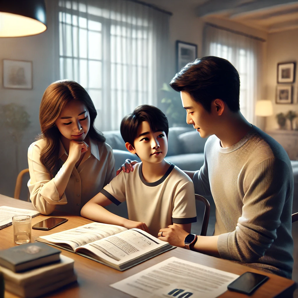 부모가 아이를 위로하고 격려하며 긍정적인 대화를 나누는 장면이 표현되었습니다.