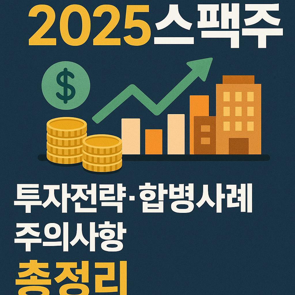‘2025 스팩주 │ 투자전략·합병사례·주의사항 총정리’ 문구가 중앙에 배치된 인포그래픽 이미지