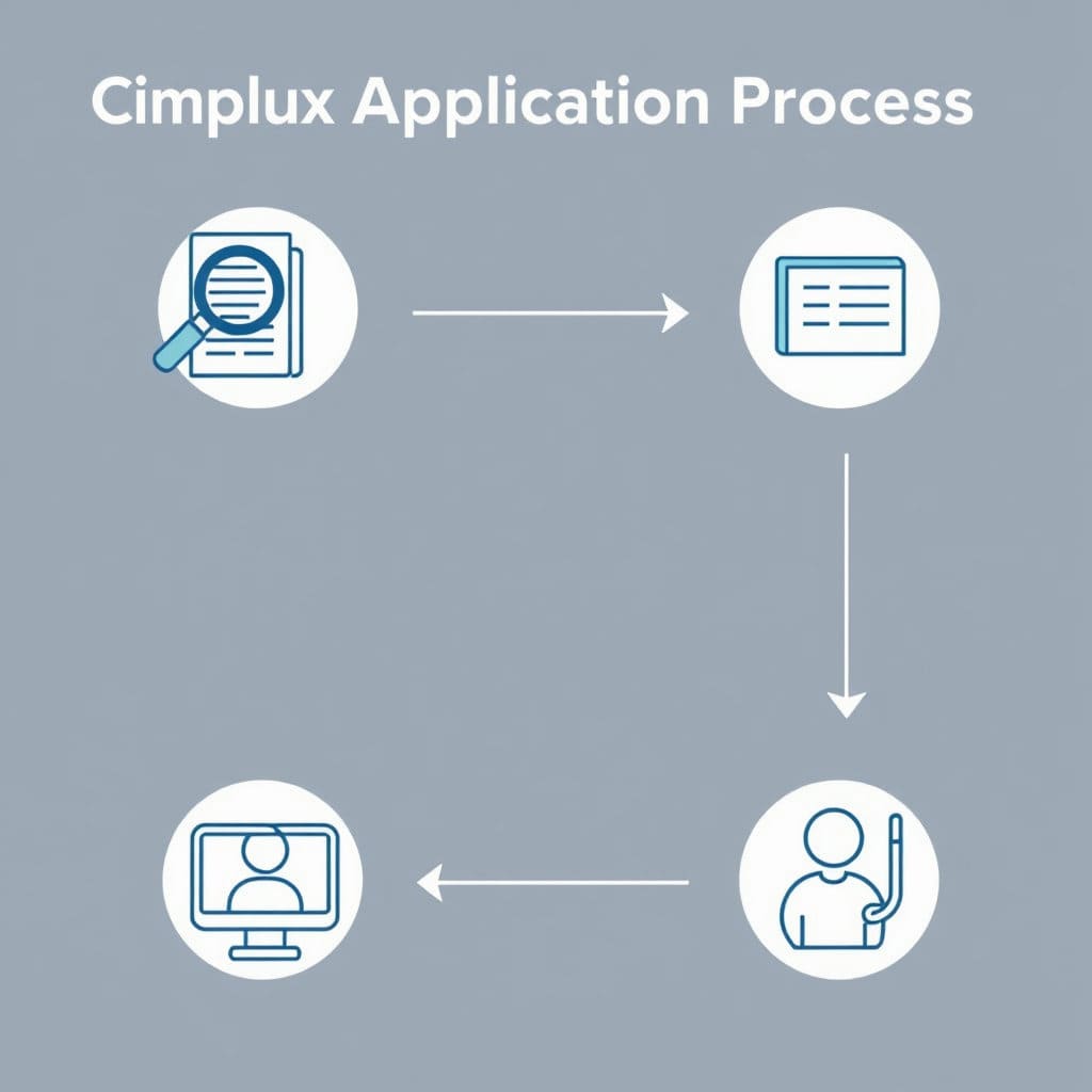 돋보기로 서류를 확인하거나 컴퓨터로 온라인 신청을 하는 모습, 그리고 상담원과 통화하는 모습 등 신청의 각 단계를 아이콘과 함께 순서대로 배치합니다. 각 단계는 화살표로 연결되어 자연스러운 흐름을 보여줍니다. 간결하고 직관적인 디자인으로 정보의 명확성을 강조합니다.