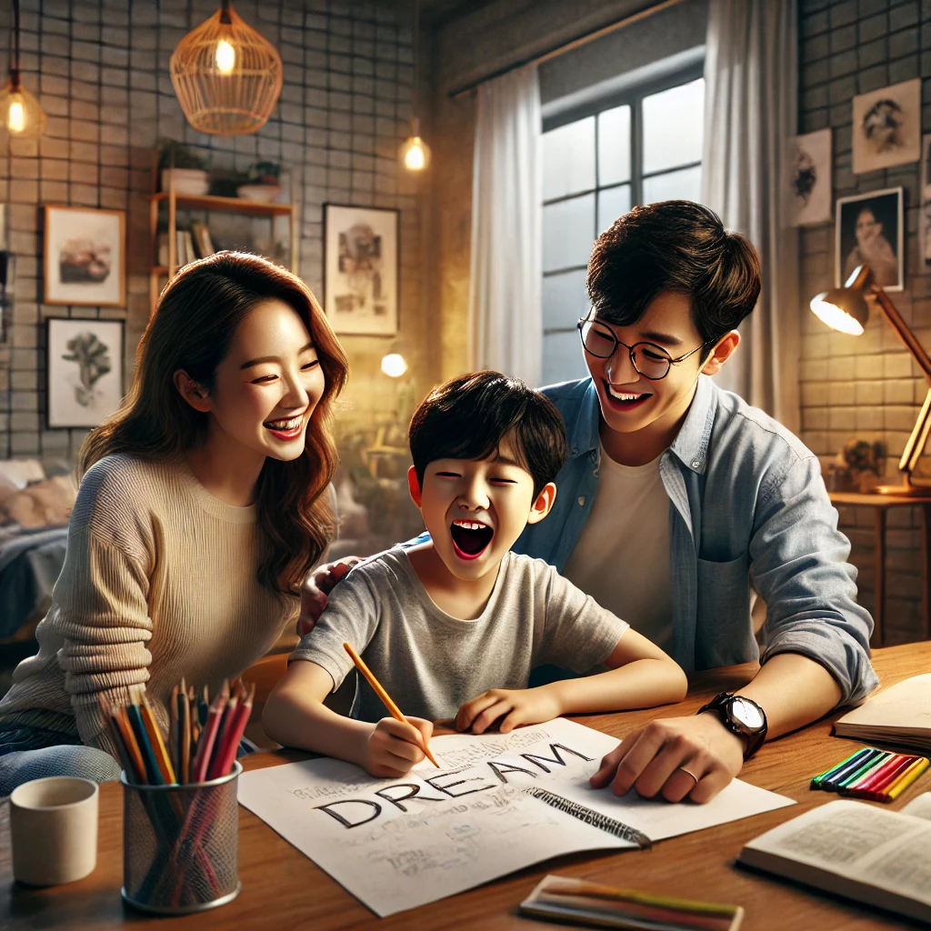 아이가 꿈을 그리고, 부모가 옆에서 격려하며 따뜻한 미소로 지켜보는 장면을 사실적으로 표현했습니다. 따뜻하고 영감을 주는 가족의 모습이 담겨 있습니다.