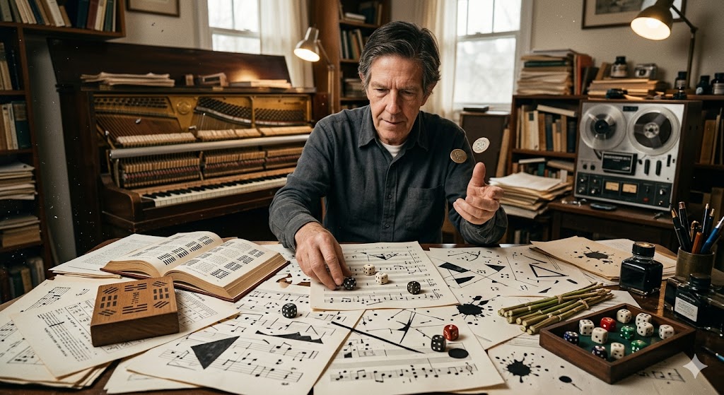 우연성 음악의 주제에 맞춰 작곡가가 주사위와 동전, 그리고 주역의 괘를 활용해 악보를 구성하는 음악가