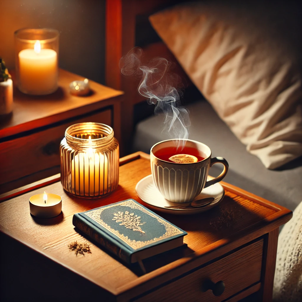 아늑한 밤의 티타임 따뜻한 캐모마일 차 한 잔이 놓인 침대 옆 테이블. 부드러운 조명과 함께 책과 촛불이 어우러져 편안한 분위기를 자아냅니다. 숙면을 위한 완벽한 티타임 공간입니다.