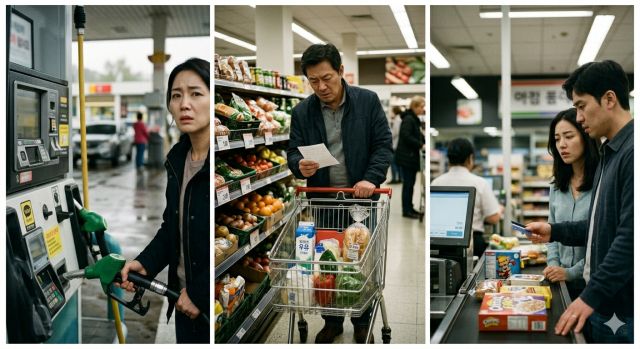 유가 상승으로 물가가 올라 장을 보며 부담을 느끼는 소비자 상황