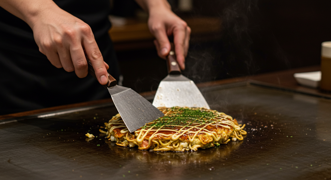 뜨거운 철판 위에서 노릇하게 익어가는 동그란 오코노미야키