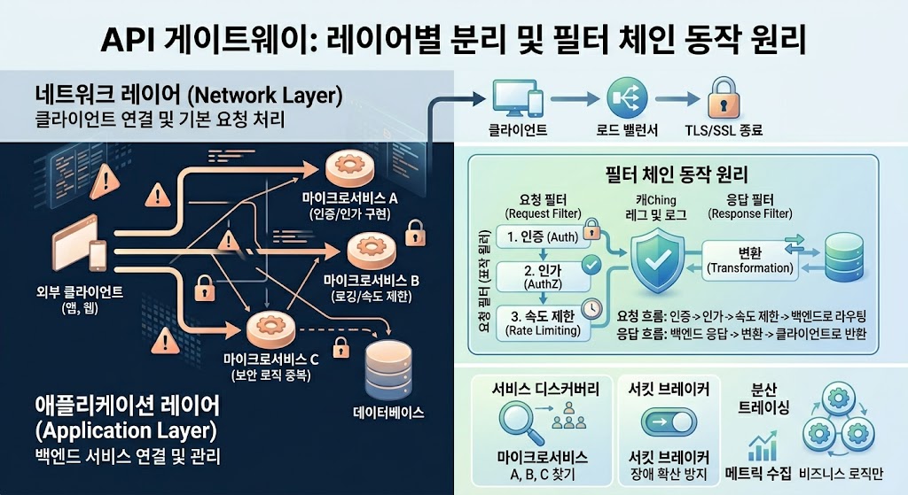 넷플릭스의 Zuul 모델처럼 책임을 분리하여 보안성과 확장성을 동시에 확보하는 다층 구조.