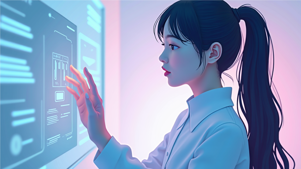 프롬프트 엔지니어링 작업을 수행하는 사람과 AI 시스템 간의 상호작용을 보여주는 미니멀한 일러스트레이션