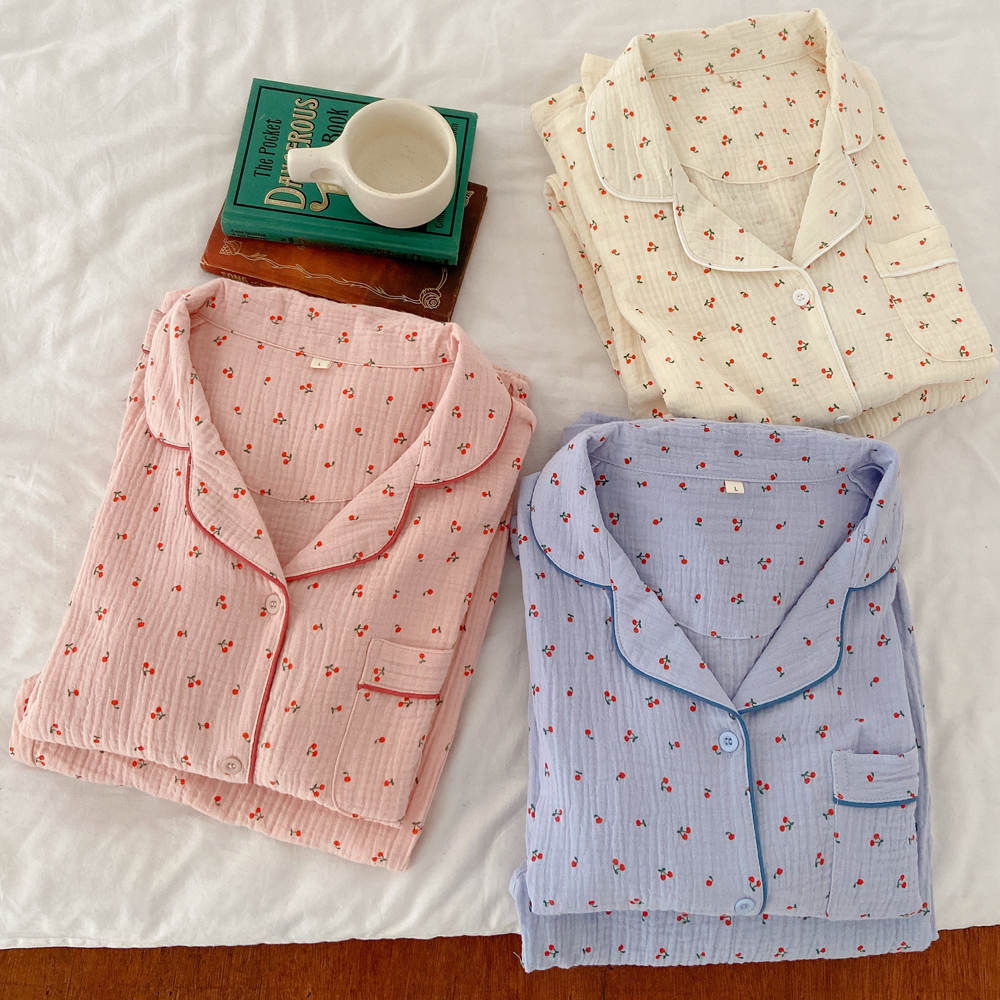 2size 체리 잠옷 거즈 요루면 잠옷 반팔 긴팔 빅사이즈 파자마 세트