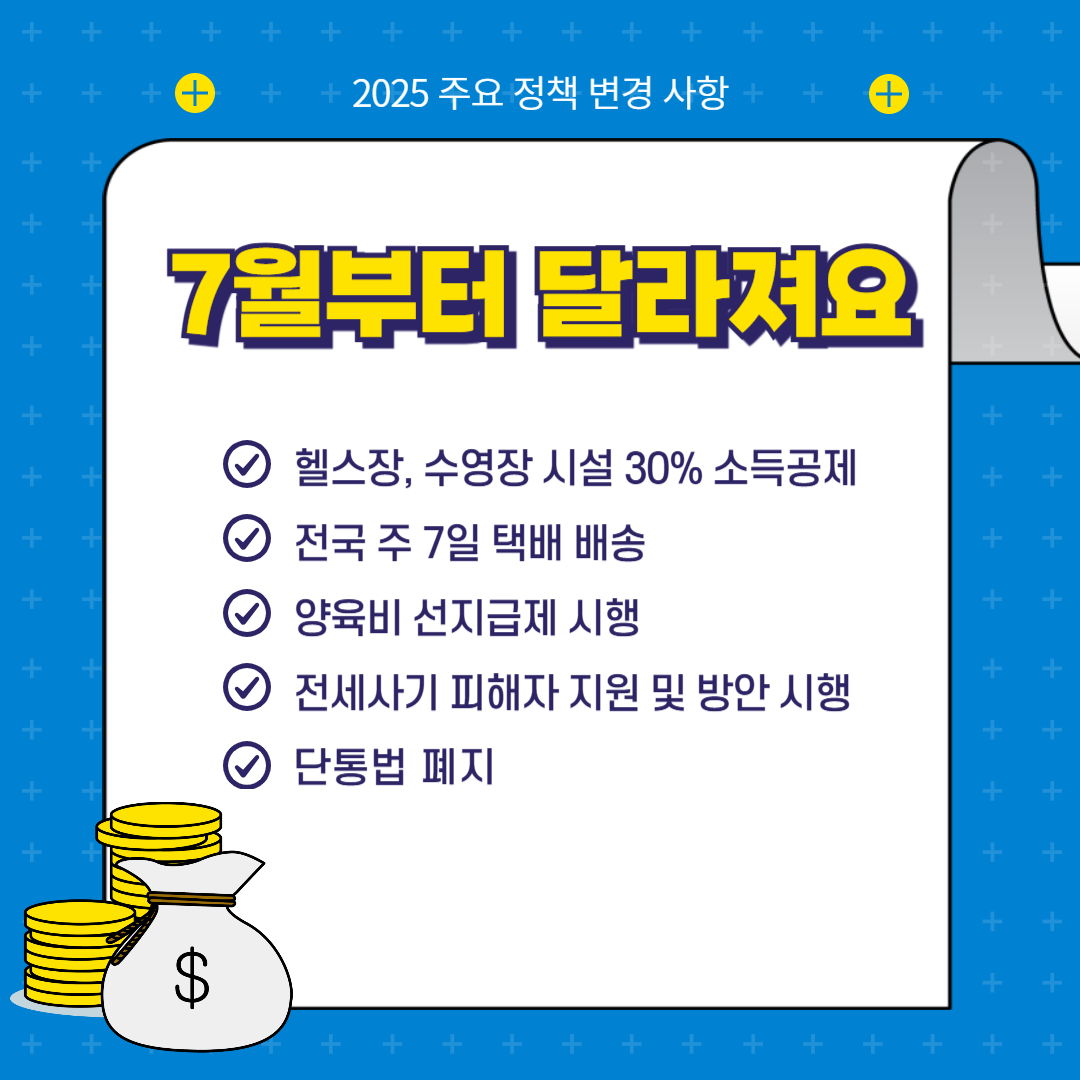 2025년 7월 정부정책 
소득공제 확대 양육비선지급제도 단통법폐지 전세삭피해자지원방안