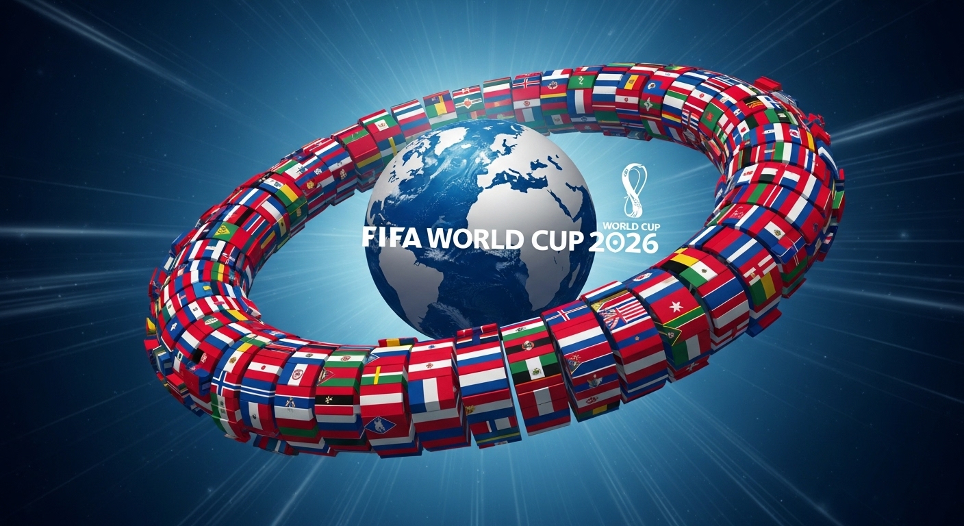 48개국으로 확장된 2026 FIFA 월드컵의 역동적인 비전을 나타내는 일러스트. 축구공 모양의 지구 주위에 다양한 국가의 깃발들이 힘차게 휘날리고 있습니다.