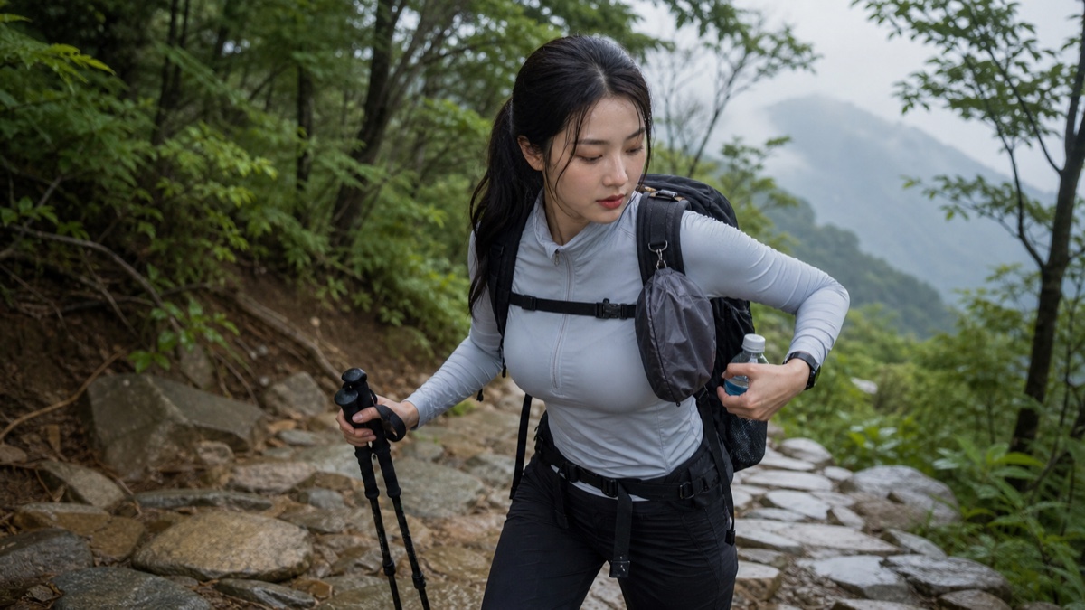 8월 지리산 중산리 돌계단 숲길에서 한국인 여성이 물병과 우의를 확인하며 천왕봉 산행을 준비하는 장면