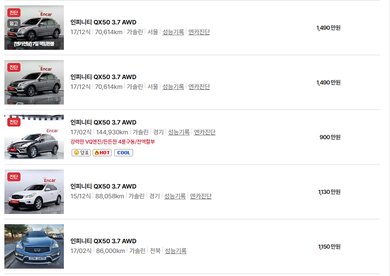 인피니티 QX50 중고차 가격 시세표 연비