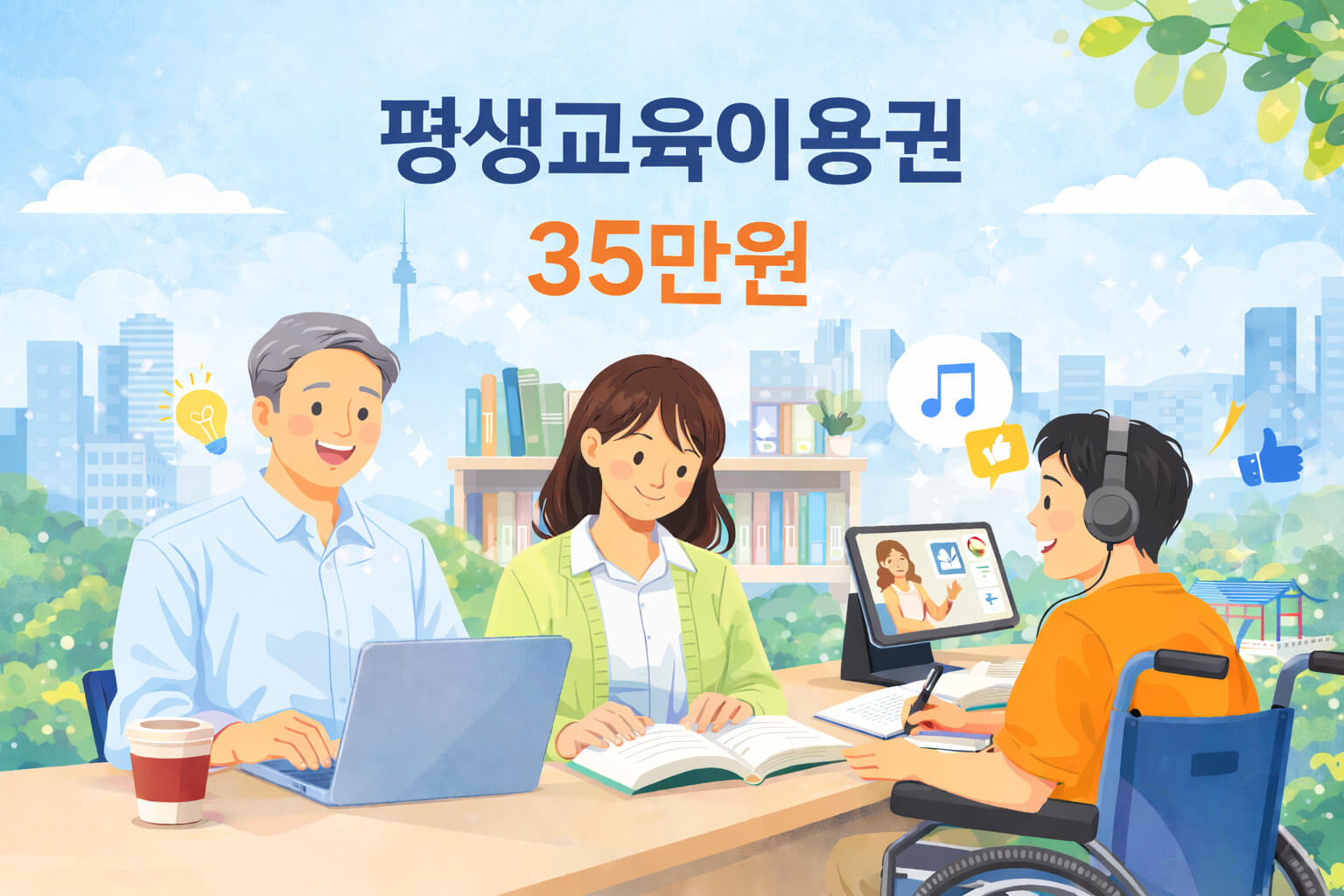 평생교육이용권 35만원 일러스트 성인 학습자와 장애인 학습자가 각자 공부하는 교육 지원 이미지