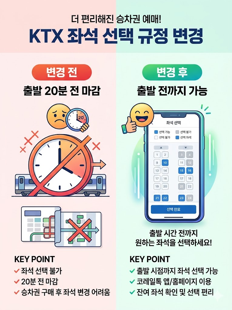 KTX 좌석 지정 20분 전 제한 폐지 및 출발 직전 실시간 예약 가능 안내 인포그래픽