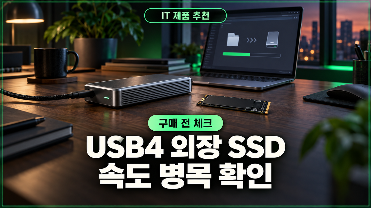 유그린 D700 USB4 NVMe 외장 SSD 구매 판단을 위한 대표 이미지: USB4 케이스와 노트북 작업 공간