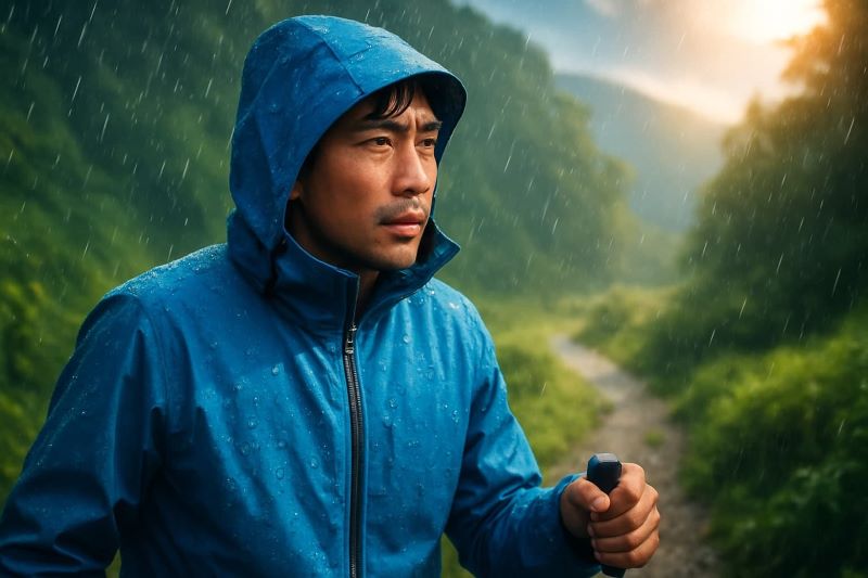 비 오는 숲길에서 방수 재킷을 입고 하이킹 중인 남성