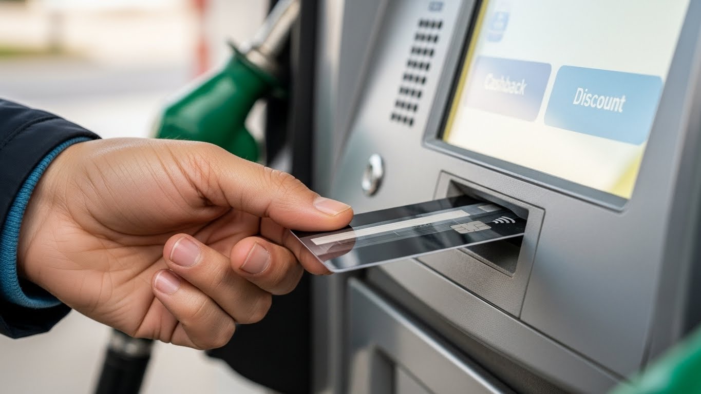 주유 할인이 적용되는 신용카드로 주유비를 결제하는 모습