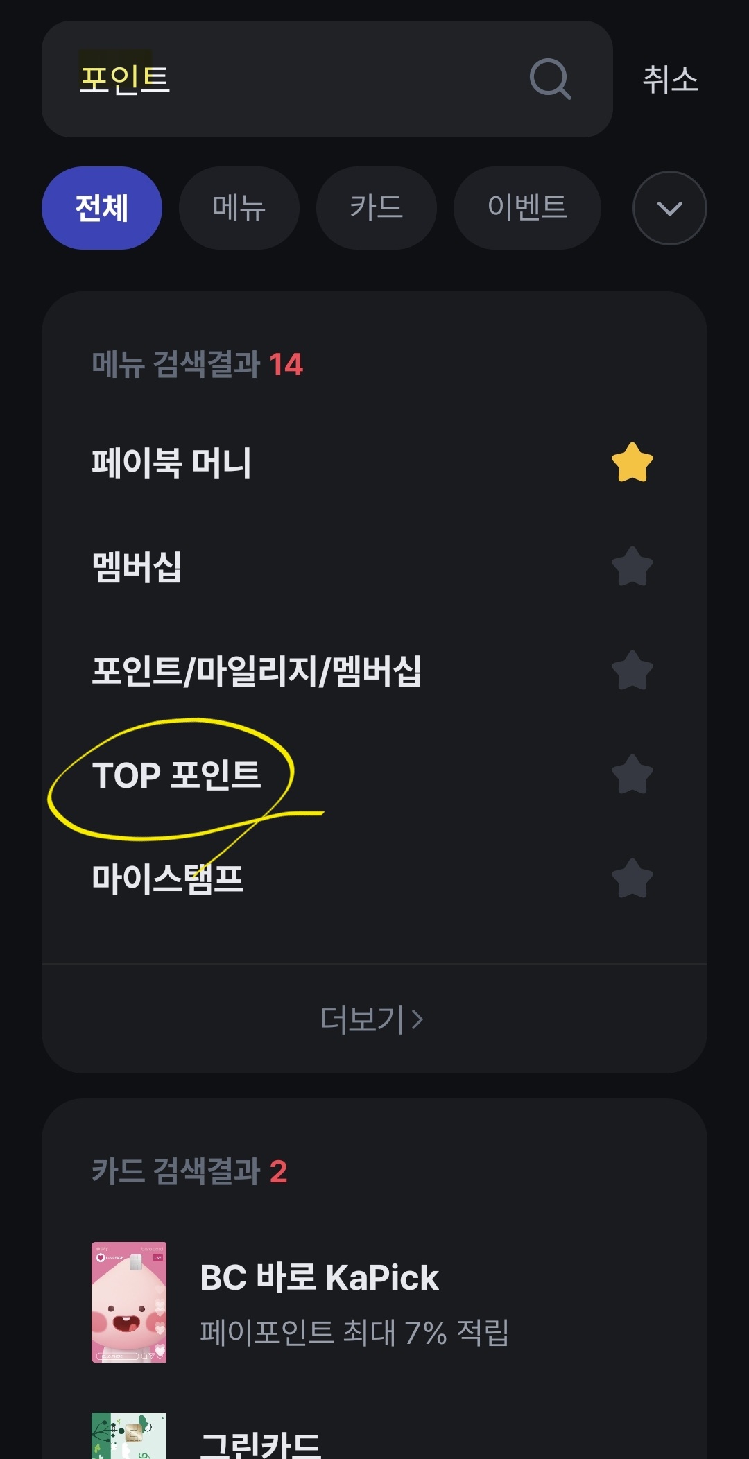 검색어로 "포인트" 라고 검색 후 TOP포인트 메뉴를 선택