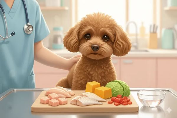 추천 식재료(닭가슴살, 흰살생선, 단호박, 파프리카, 양배추)와 함께 있는 귀여운 갈색 푸들 이미지