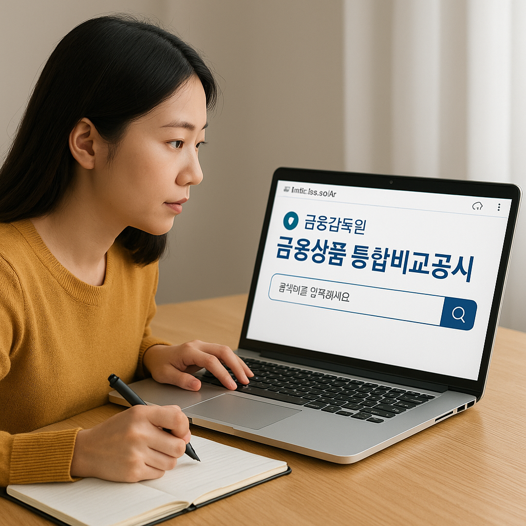 금융감독원 금융상품 통합비교공시 사이트 검색하는 여성 
