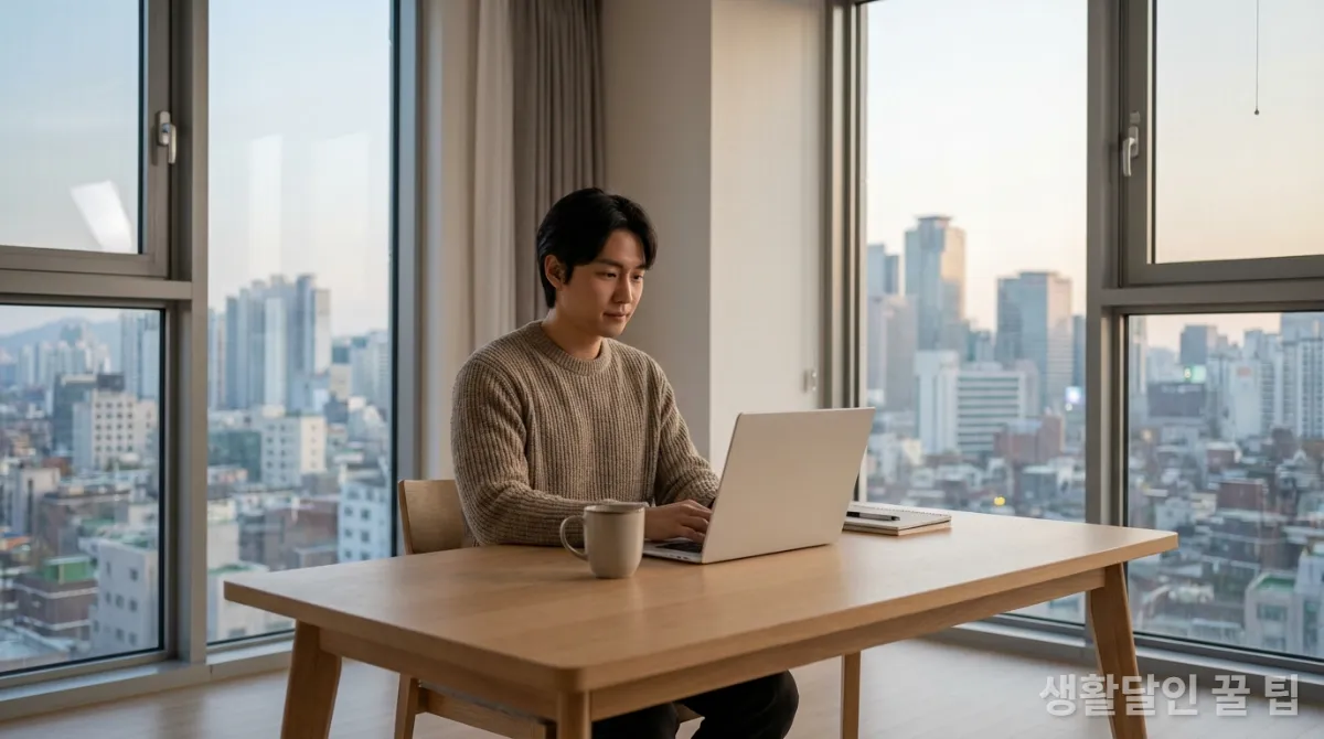 깔끔하게 정리된 한국 가정집 사무실에서 효율적으로 일하는 사람