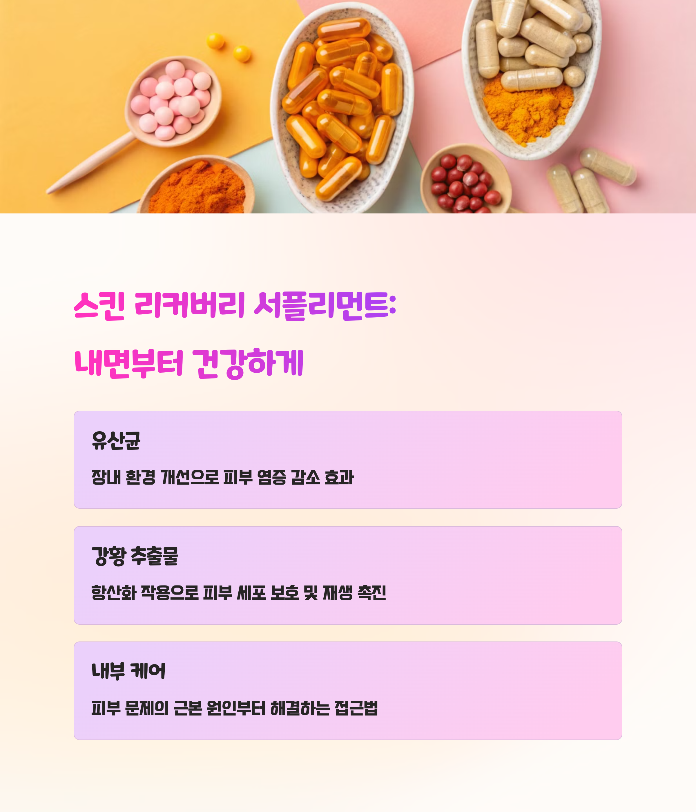 유산균과 영양제 이미지와 함께 스킨 리커버리 서플리먼트의 주요 효과 설명: 장내 환경 개선, 항산화 작용, 내부 케어