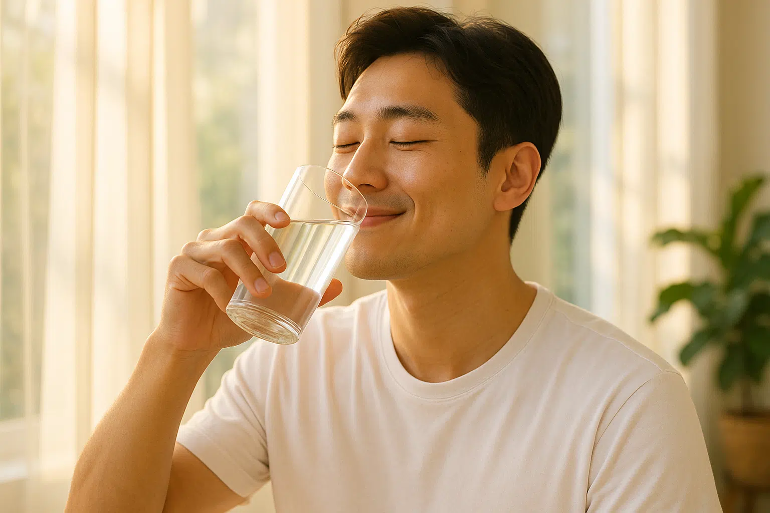 밝은 아침 햇살 속에서 편안한 표정으로 물을 마시는 사람