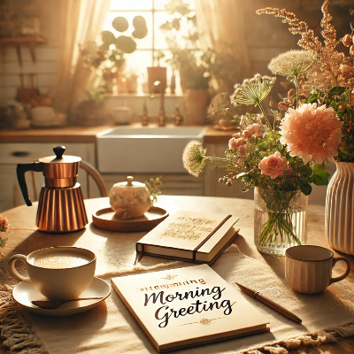 테이블 위에 아침햇살이 내리쬐고있다. 찻잔과 주전자 노트 그리고 꽃병이 테이블위에 놓여있다.