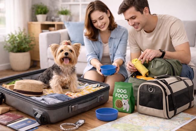 강아지와의 여행을 준비하는 모습을 담은 사진