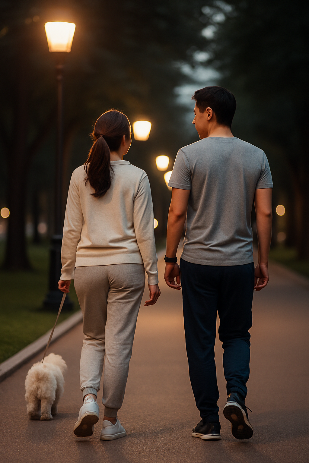 저녁에 공원에서 함께 산책하는 남녀의 뒷모습, 강아지를 데리고 걷는 모습 (Couple walking in the park at night, woman holding a dog leash, rear view)
