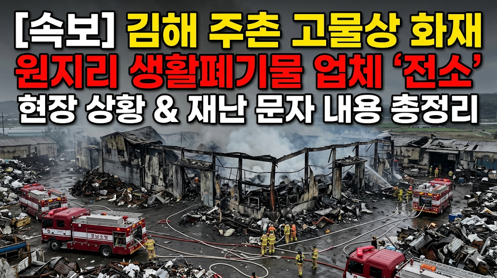 김해 주촌면 생활폐기물 업체 화재 발생: 원지리 고물상 건물 전소 피해 현황과 재난 문자 내용 총정리