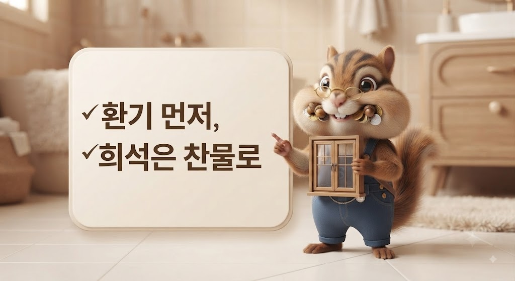 다람쥐 캐릭터가 락스 안전 사용 수칙(환기, 찬물 희석)을 설명하는 장면