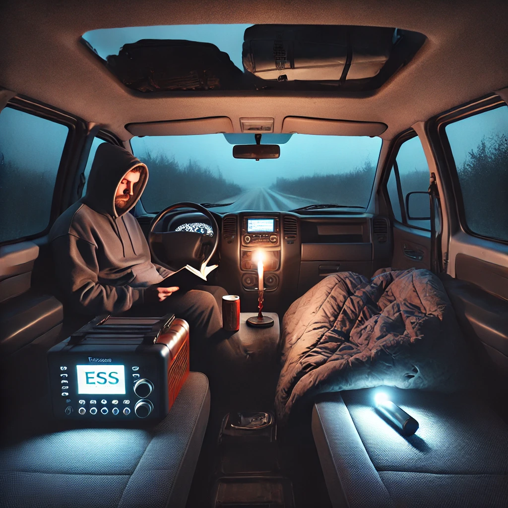 전기 없이 촛불과 손전등만으로 차박 중인 차량 내부