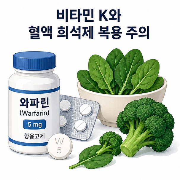 와파린과 녹색 채소를 함께 보여주며 비타민 K와 혈액 희석제 복용 주의를 안내한 이미지