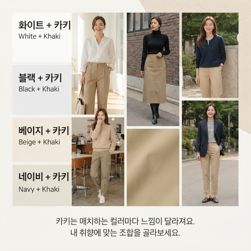화이트, 블랙, 베이지, 네이비와 각각 매치된 카키 코디 4컷 비교 이미지

내용: 카키는 무슨 색이랑 입어도 다 달라요
내 취향에 맞는 조합 골라보세요