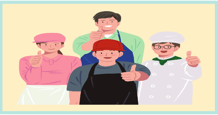 소상공인 업종 종사자들이 함께 엄지손가락을 들어 응원하는 모습, 다양한 직업군의 소상공인을 상징적으로 표현