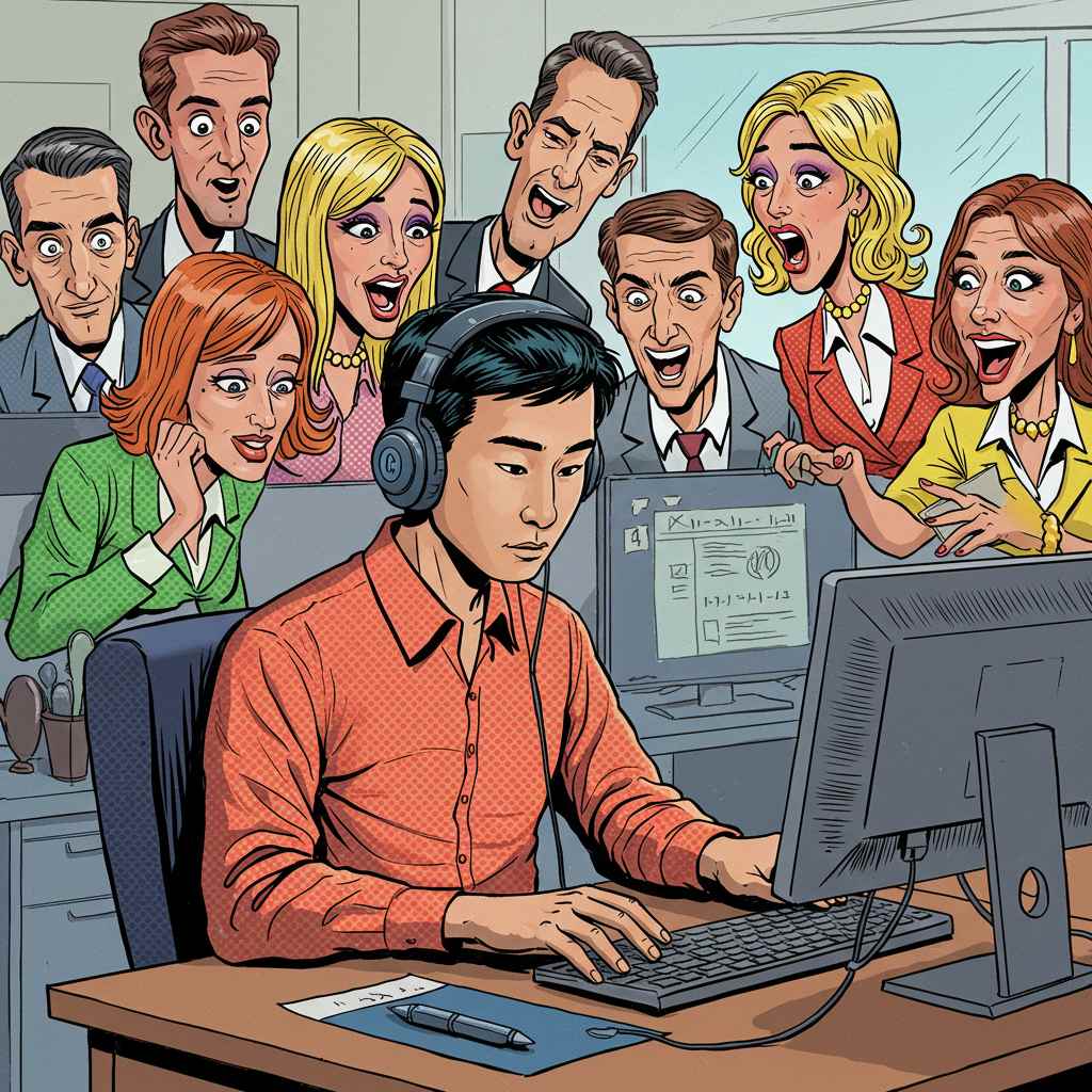 나르시트트에 대처하는 사람의 모습, 컬러풀한 만화 스타일, '집중 모드' 버블 속에서 헛소문 퍼뜨리는 나르시스트 동료를 무시하는 직원, 직장 나르시스트 무시하기