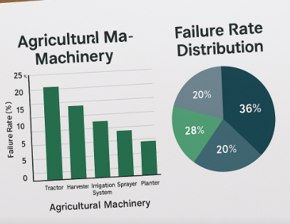 농업 기계별 고장률 통계를 나타낸 막대그래프와 파이차트가 인쇄된 종이