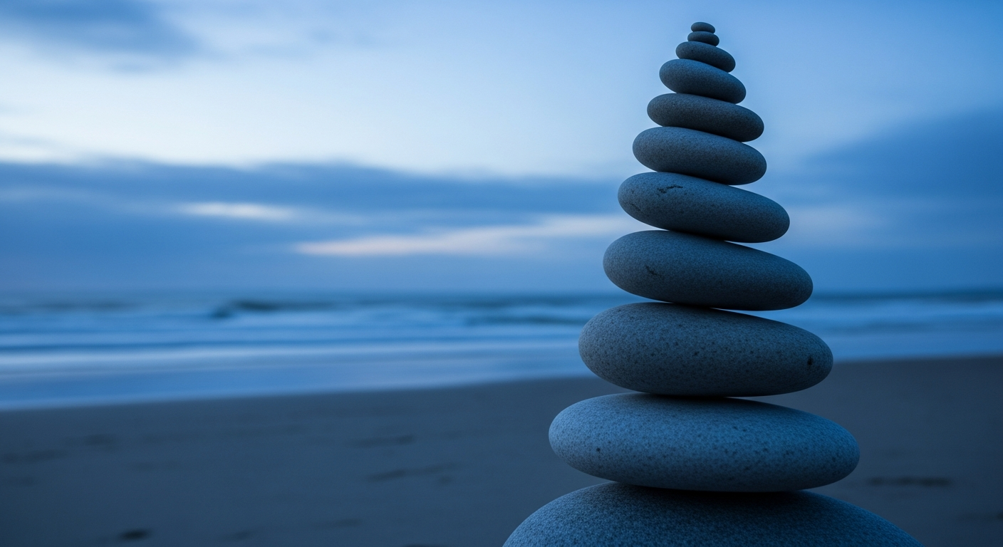 해질녘 고요한 해변에 안정적으로 쌓아 올린 돌탑으로, 60대 재테크의 핵심인 자산 보존과 안정성을 상징하는 이미지