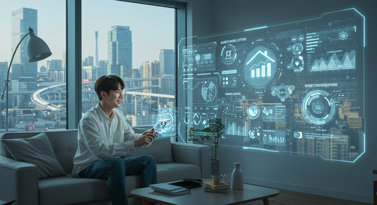 도시 아파트 거실에서 대형 창문 너머 도시 경관이 보이는 가운데 디지털 인터페이스로 자산 형성 전략 확인
