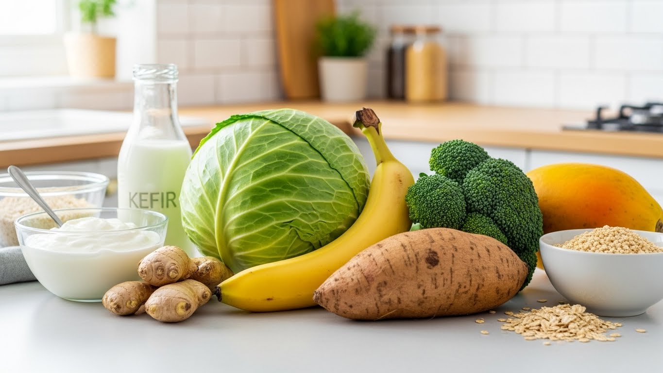 양배추와 바나나 등 역류성 식도염에 좋은 음식으로 구성된 식단 이미지