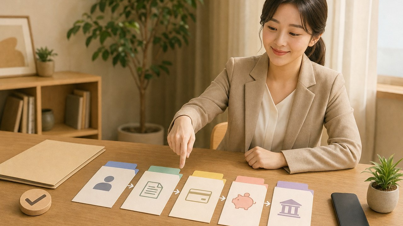 계좌 전환 전 필요한 확인서와 순서를 정리하는 친근한 마스코트 안내 장면